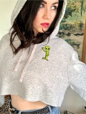 Goodfellow & Co Light Gray Cropped Hoodie with Green Alien Patch